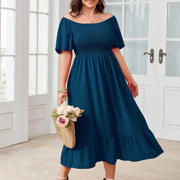 Women's Plus Size Summer Dress Floral Boho Maxi Short Sleeve Ruffle - Picture 2 of 7